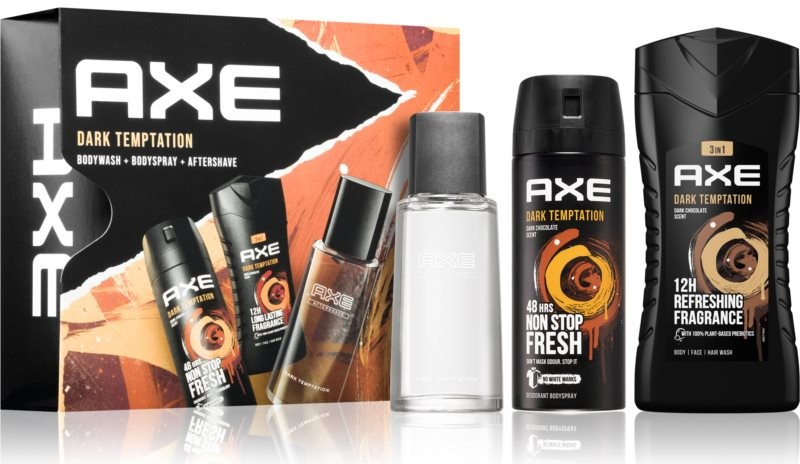 Axe Dark Temptation Dark Chocolate deodorant ve spreji 150 ml + Dark Chocolate sprchový gel 250 ml + voda po holení 100 ml