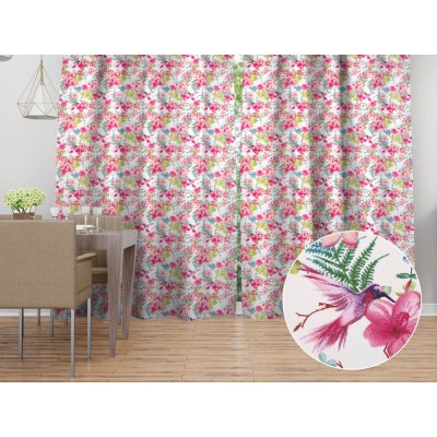 Biante Bavlněný závěs Sandra SA-493 Kolibříci s růžovými květy na bílém 150x200 cm – Hledejceny.cz