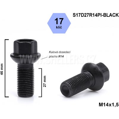 Kolový šroub M14x1,5x27 koule R14, klíč 17, S17D27R14PI-BLACK výška 46 – Sleviste.cz
