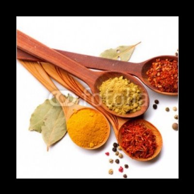 Obraz 1D - 50 x 50 cm - Spices and herbs. Curry, saffron, turmeric, cinnamon over white Koření a byliny. Kari, šafrán, kurkuma, skořice přes bílou