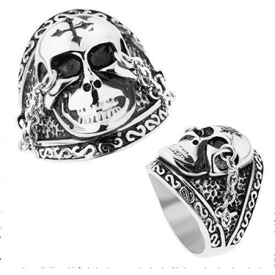 Šperky eshop ocelový prsten stříbrné lesklá lebka s křížem řetízky patina Z39.19 – Zboží Mobilmania