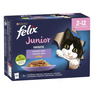 Felix Fantastic Junior s hovězím kuřetem sardinami a lososem v želé 12 x 85 g – Sleviste.cz