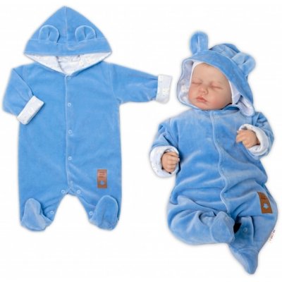 Baby Nellys Dvouvrstvý velurový overal s kapucí New Bunny modrý – Zboží Dáma