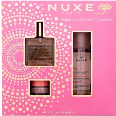 Nuxe Pink Fever suchý olej Huile Prodigieuse Florale 50 ml + micelární voda Very Rose 3-In-1 Soothing Micellar Water 100 ml + balzám na rty Very Rose 15 g dárková sada