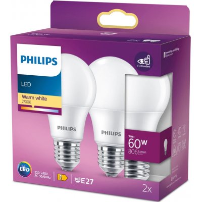 Philips 2x LED žárovka E27 A60 7W = 60W 806 lm 2700K teplá bílá – Hledejceny.cz