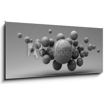 Obraz 1D panorama - 120 x 50 cm - Flying spheres on a white background. 3d rendering. Illustration for advertising. Létající koule na bílém pozadí. 3D vykreslování Ilust – Zboží Mobilmania