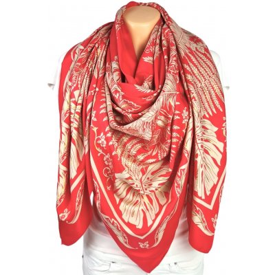 Classic Scarf Korálově červený velký šátek z viskózy rayon květinový zdobené zlatou linkou – Zboží Dáma