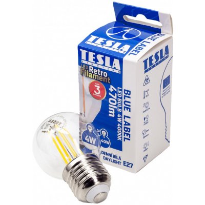 Tesla LED žárovka FILAMENT RETRO miniglobe, E27, 4W, 230V, 470lm, 25 000h, 4000K denní bílá, 360st.