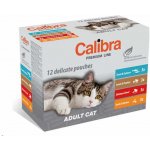 Calibra Premium Line Adult Pstruh a losos / jehněčí a drůbeží / kuřecí a hovězí a kuře / kachna s kuřetem v omáčce 12 x 100 g – Sleviste.cz