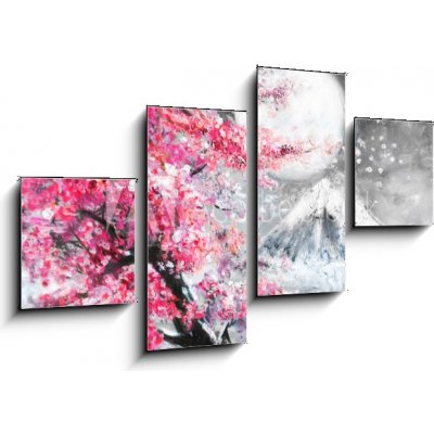 Obraz 4D čtyřdílný - 100 x 60 cm - oil painting landscape with sakura and mountain, hand drawn illustration, Japan olejomalba krajina se sakurou a horami, ručně kreslené