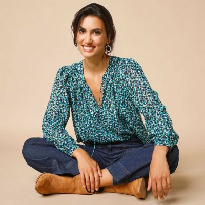 Halenka s tuniským výstřihem a zvířecím vzorem zelená/modrá – Zboží Mobilmania