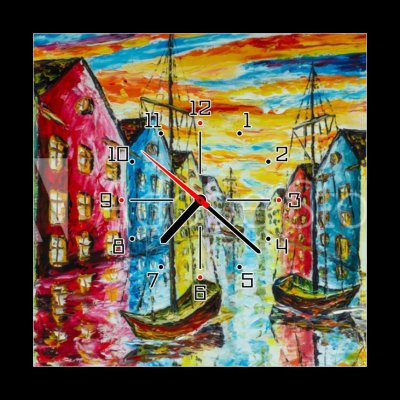 Obraz s hodinami 1D - 50 x 50 cm - Original art oil and palette knife on canvas - Venice, Amsterdam painting artwork - boats float in the water, the canal, colorful brig – Hledejceny.cz