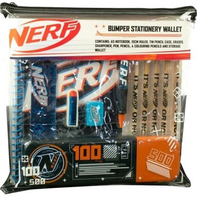 CurePink: Set školních a psacích pomůcek Nerf: 100 Logo sešit pravítko plechové pouzdro guma ořezávátko pero tužka pastelky [NF149243]