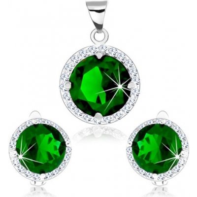 Šperky eshop set ze stříbra přívěsek a náušnice zelený kulatý zirkon čirý lem SP70.28