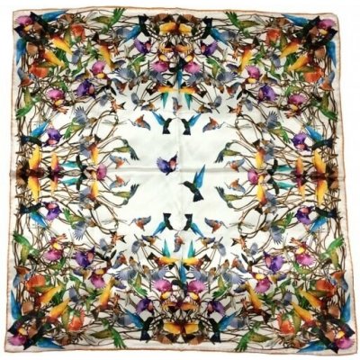 Boseta dámský hedvábný šátek bílý modrý s ptáčky kolibřík, papoušek – Zbozi.Blesk.cz