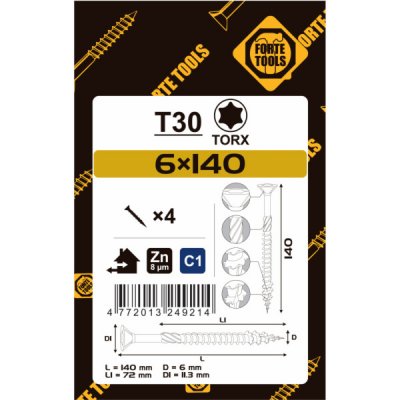 Vruty do dřeva FORTE TOOLS, 6×140/72 mm, ZN, TX30, 4 ks. – Hledejceny.cz