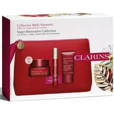 Clarins Super Restorative denní krém pro všechny typy pleti 50 ml + noční krém pro všechny typy pleti 50 ml + aktivní sérum pro vyhlazení kontur obličeje 10 ml + kosmetická taštička dárková sada – Zbozi.Blesk.cz