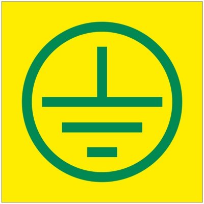 Znak uzemnění v kruhu 4cm, zelený tisk, žlutá f. | Samolepka, 5x5 cm