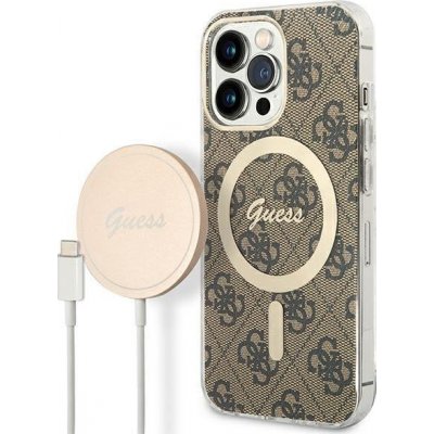 Pouzdro Guess 4G Print MagSafe set + nabíječka iPhone 13 Pro Max - hnědé