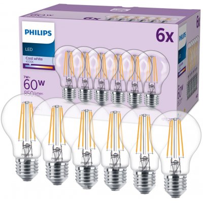 Philips 6x E27 A60 LED žárovka 7W = 60W 850 lm 4000K denní bílá vlákno – Hledejceny.cz