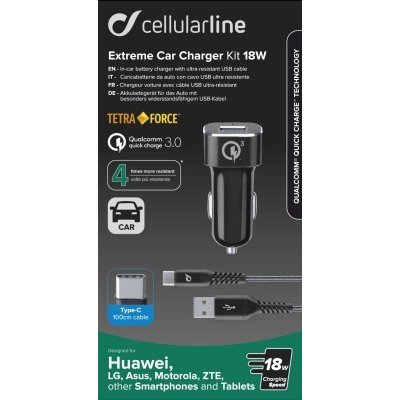 Set USB autonabíječky a USB-C kabelu Cellularline Tetra Force 18W, Qualcomm® Quick Charge 3.0, černý – Zbozi.Blesk.cz