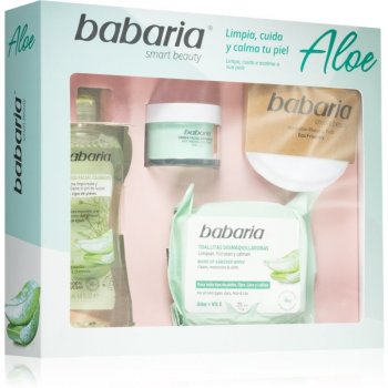 Babaria Aloe Vera zklidňující tonikum s heřmánkem 200 ml + čisticí a odličovací ubrousky 25 ks + pleťový krém s aloe vera 50 ml + pratelné odličovací tampony dárková sada