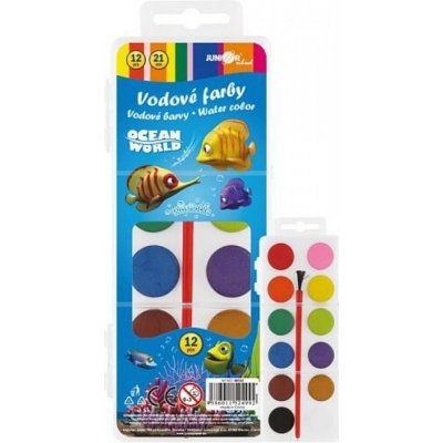 Teddies Vodové barvy se štětcem Ocean World 12 barev/21mm v plastové krabičce 7x18x1cm v sáčku – Zbozi.Blesk.cz