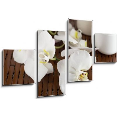 Obraz 4D čtyřdílný - 100 x 60 cm - Face cream and white orchid on a bamboo mate Krém na obličej a bílá orchidej na bambusové kamarádce – Zboží Mobilmania