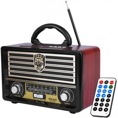 Retro přenosné rádio, USB, TF Card, AUX, dálkové ovládání, vestavěná dobíjecí baterie, mahagon.