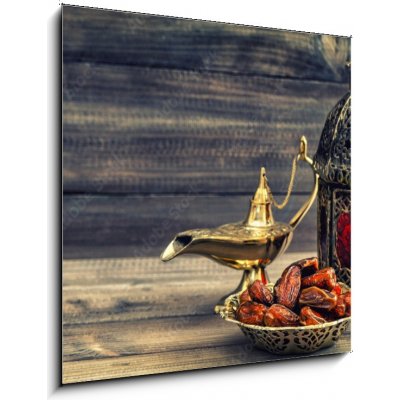 Skleněný obraz 1D - 50 x 50 cm - Ramadan lamp and dates on wooden background. Oriental lantern Ramadán lampa a data na dřevěné pozadí. Orientální lucerna – Zboží Mobilmania