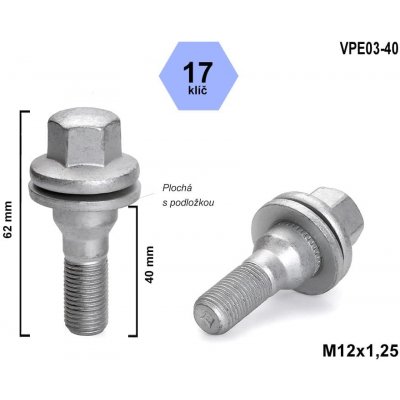 Kolový šroub M12x1,25x40, VPE03-40, plochá podložka, CITROËN, FIAT, PEUGEOT, klíč 17, výška 62 mm – Hledejceny.cz
