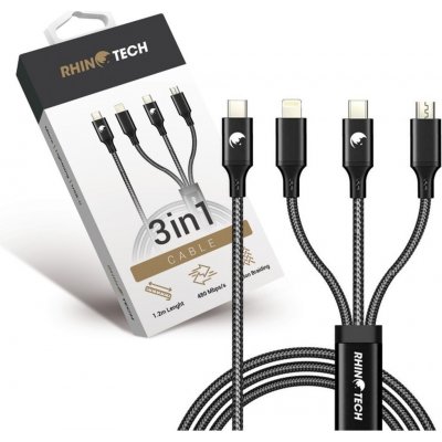 RhinoTech RTACC477 nabíjecí a datový, 3v1 USB-C (MicroUSB + Lightning + USB-C) 40W, 1,ěm, černý
