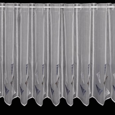 Mantis voálová vitrážová záclona 13665/0600 vyšívané modré trojúhelníky, s bordurou, výška 45cm (v metráži) – Zboží Mobilmania