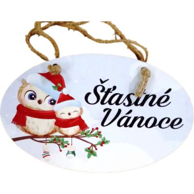 Bondecor Vánoční dřevěná dekorace - ovál "Šťastné Vánoce - sovičky" 18x11cm – Sleviste.cz