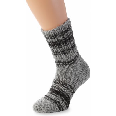 Wooline Ručně pletené ponožky 100% ovčí vlna s proužky světle šedé