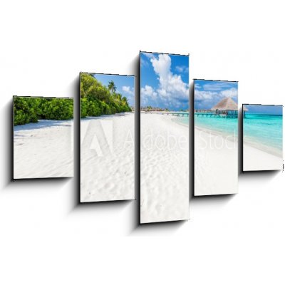 Obraz 5D pětidílný - 125 x 70 cm - Wide sandy beach on a tropical island in Maldives. Palms and wat Široká písečná pláž na tropickém ostrově na Maledivách. Palmy a wat