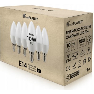 EcoPlanet 6x LED žárovka E14 10W svíčka 880Lm studená bílá