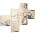 Obraz 4D čtyřdílný - 120 x 90 cm - old compass and rope on vintage map 1732 starý kompas a lano na vinobraní mapě 1732