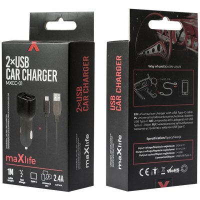Maxlife MXCC-01 autonabíječka 2.4A USB-C OEM0400069 černá – Zboží Mobilmania