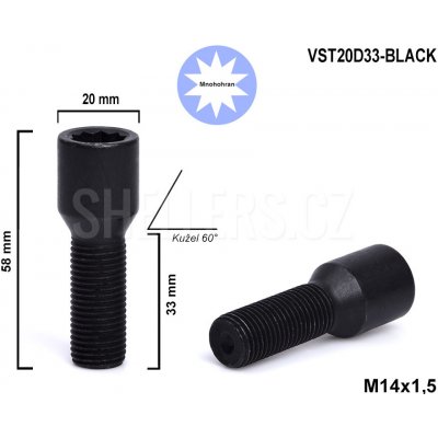 Kolový šroub M14x1,5x33 kužel s vnitřním mnohohranem, VST20D33-BLACK, průměr hlavy 20mm, výška 58 mm – Zbozi.Blesk.cz
