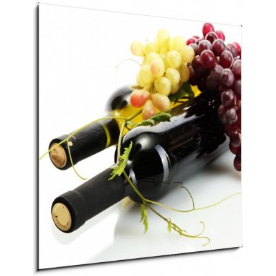 Obraz 1D - 50 x 50 cm - bottles of wine and ripe grapes isolated on white láhve vína a zralé hrozny izolovaných na bílém – Hledejceny.cz