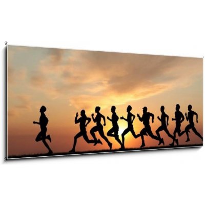 Obraz 1D - 120 x 50 cm - Marathon, black silhouettes of runners on the sunset Maraton, černé siluety běžců na západ slunce – Zboží Mobilmania
