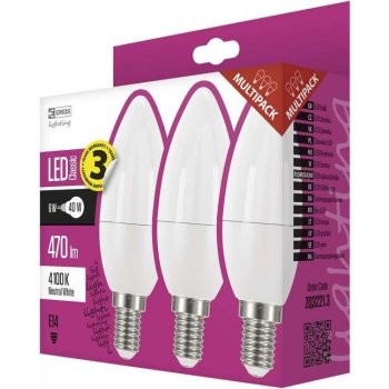 Emos LED žárovka CANDLE, 6W/40W E14, NW neutrální bílá, 470 lm, Classic A+, 3 PACK