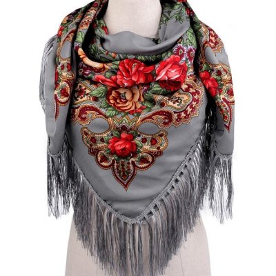 Stoklasa šátek folklór květy s třásněmi 9 šedá – Zboží Mobilmania