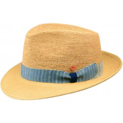 Fedora luxusní panamský klobouk Bogart s modrou stuhou ručně pletený UV faktor 80 Ekvádorská crochet panama Mayser Manuel