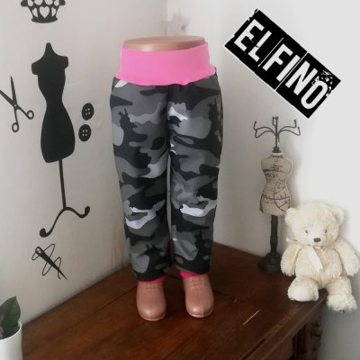 Dětské softshellové kalhoty MASKÁČ bez kapes s fleecem světle růžový náplet