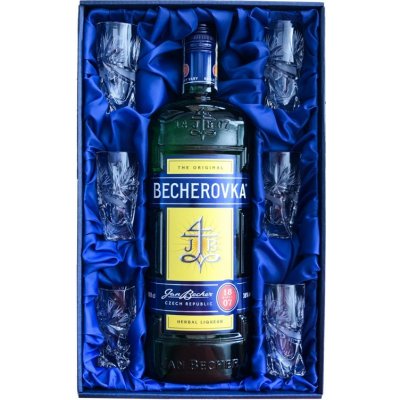 Becherovka 1 l (dárkové balení mašle + 6 sklenice) – Hledejceny.cz