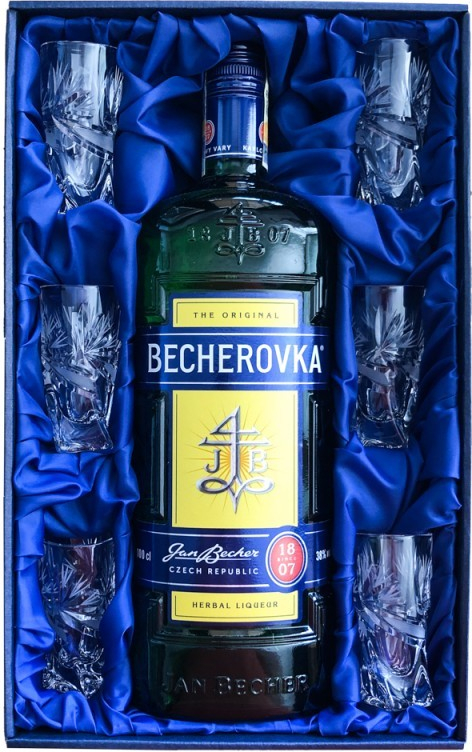 Becherovka 1 l (dárkové balení mašle + 6 sklenice)