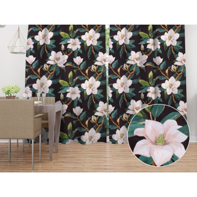 Biante Bavlněný závěs Sandra SA-300 Květy magnolie na černém 150x190 cm – Hledejceny.cz