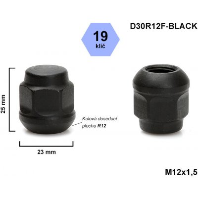 Kolová matice M12x1,5 kulová R12 uzavřená HONDA, černá, klíč 19, D30R12F-BLACK, výška 25 – Zbozi.Blesk.cz